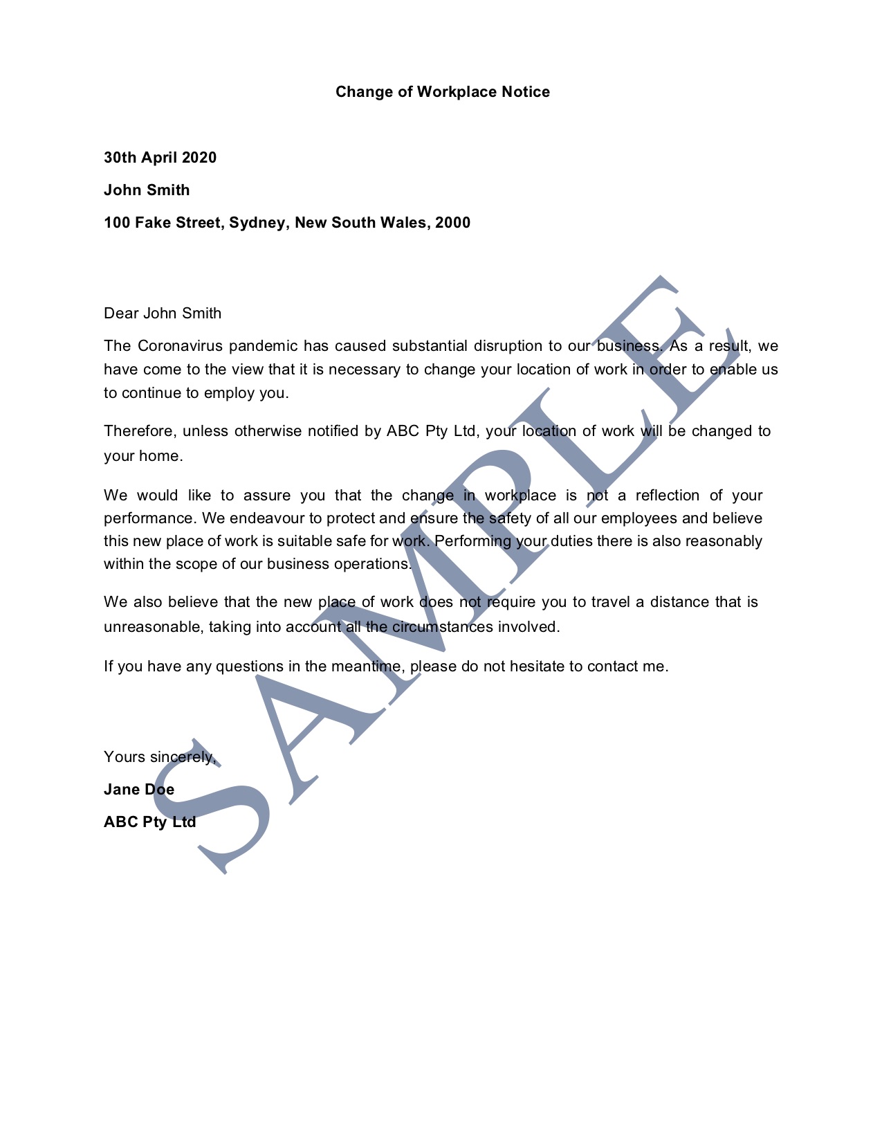 Change of Workplace Notice